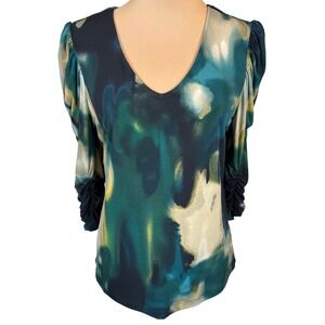 Calvin Klein Top Women's Medium Green Blue Abstract Ruched Sleeve Blouse Medium‎